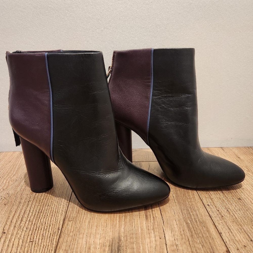 CAbi Black and Plum High Heel Bissett Boots-Color Block-Leather-8M-Zipper Accent